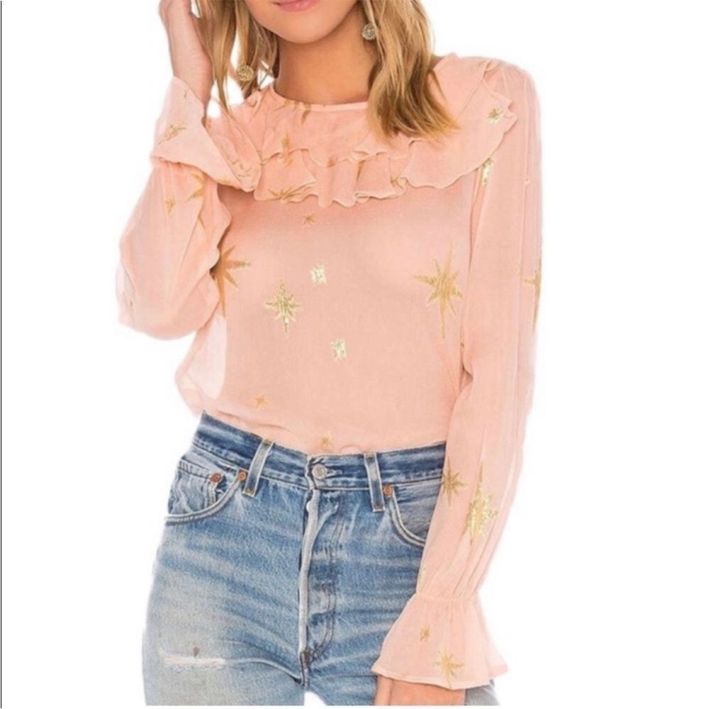 For Love & Lemons Pink Ruffle Star-Embroidered Blouse